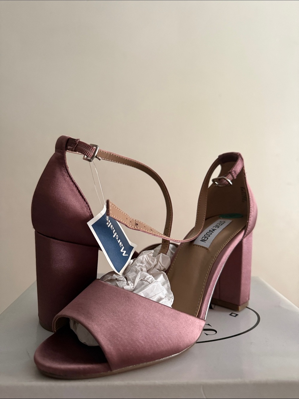 Steve Madden Mauve Satin Block Heel Sandals with Ankle Strap